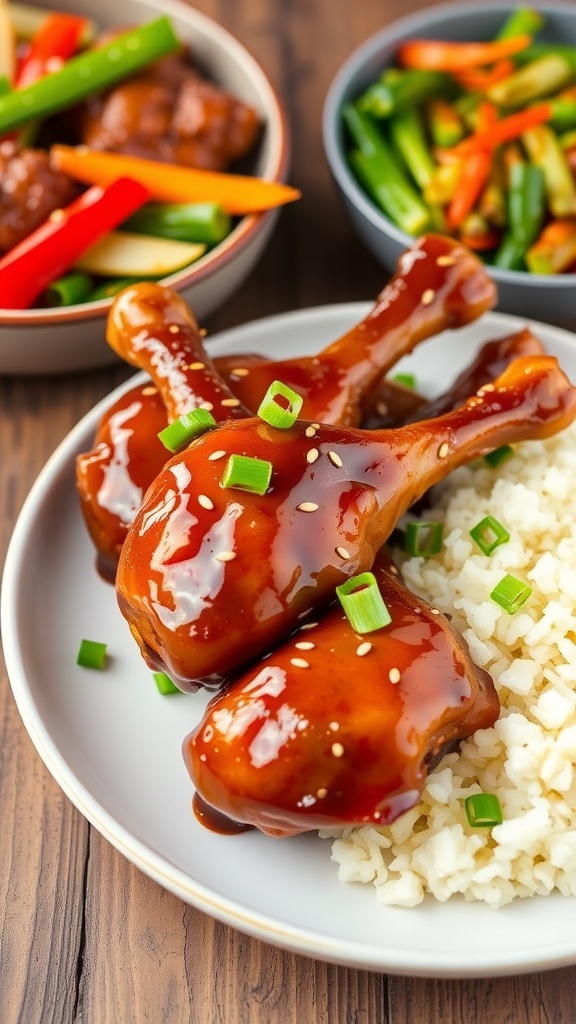 Asian Zing Chicken Drumsticks Recipe Glazed chicken drumsticks garnished with green onions and sesame seeds, served with rice and vegetables.